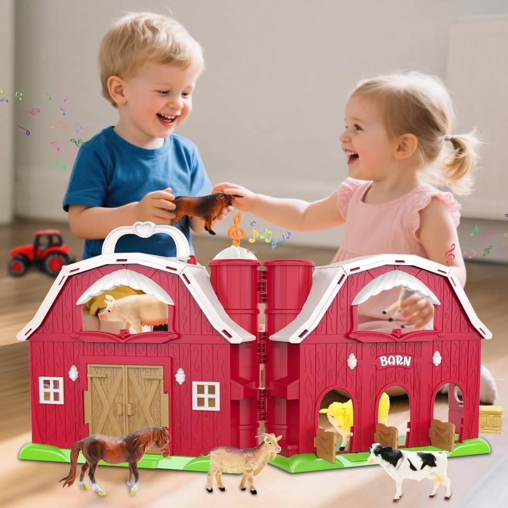 Big Red Barn Toys for Toddlers 1-3, Farm Animal Figures Playset with Tractor for 2 3 4 5 Year Old Kids, Musical Preschool Montessori STEM Learning Toys, Christmas Birthday Easter Gift for Boys Girls