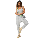 Casei Jumpsuits for Women Casual Summer Rompers Sleeveless Loose Strap Baggy Overalls Yoga Harem Jumpers with Pockets(Gray,XL)