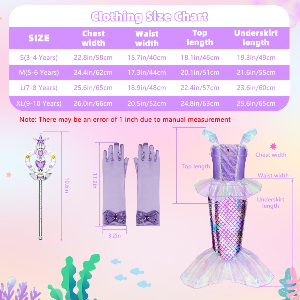 Meland Mermaid Dress for Girls, Princess Dress Up Costume Gift (3-4 Years)