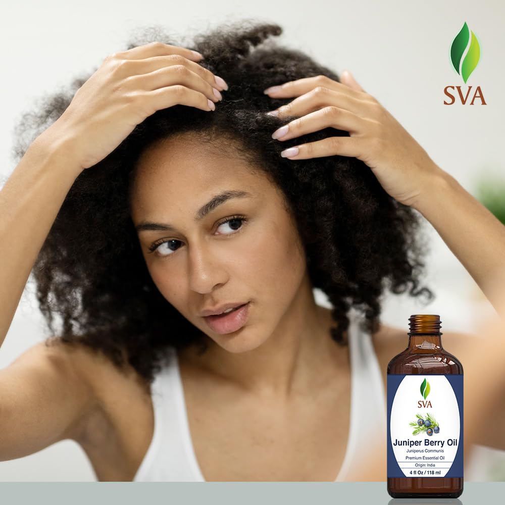 SVA Juniper Berry Essential Oil – 4 Fl Oz – 100% Natural Juniper Oil - for Diffuser, Hair Care, Face, Skin Care, Aromatherapy, Scalp and Body Massage, Soap and Candle Making – with Dropper