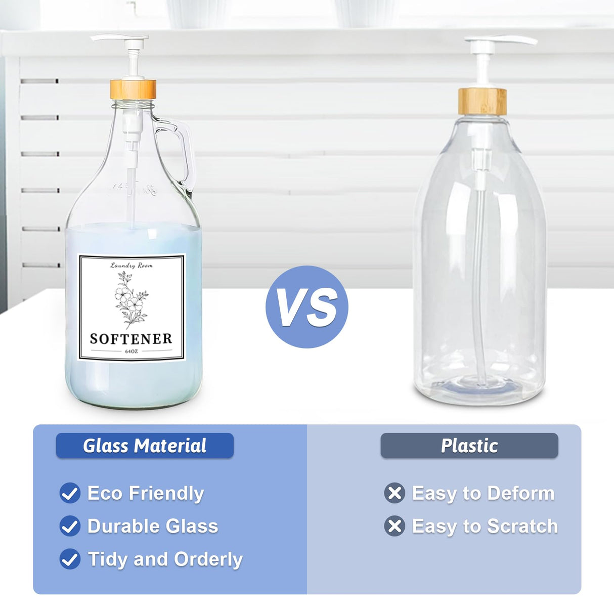 2 Pcs Glass Laundry Detergent Dispenser Bottle, Liquid Laundry Soap Dispenser for Laundry Room, 64oz Detergent Bleach Softener Dispenser for Farmhouse Decor, Includes Bamboo Pumps Tray Funnel Labels