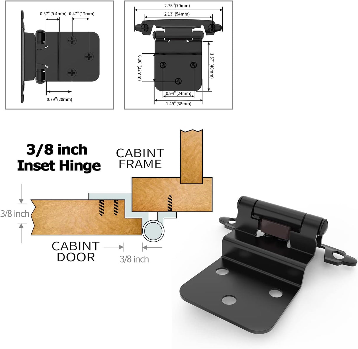 Chibery 3/8 Inch Inset Cabinet Hinges, 25 Pairs(50 Pack) Self Closing Flush Face Mount Hinges with Door Bumper, Variable Decorative Hardware for Bathroom, Furniture, Kitchen Cabinet Doors, Matte Black