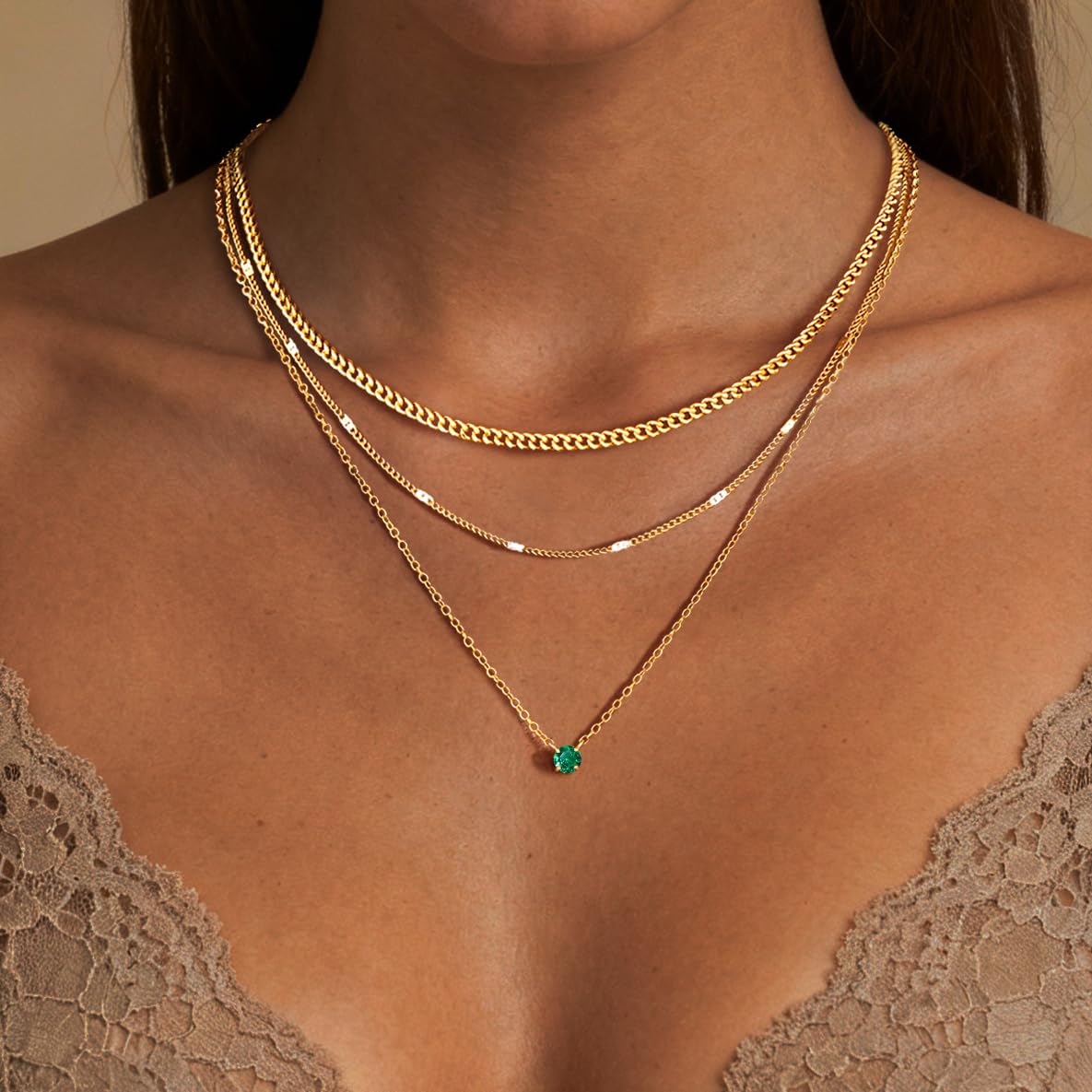 WomenGifts May Created Emerald (Deep Green) Layered Necklace Set, 14K Gold Plated Birthstone Pendant with Choker Cuban Link & Satellite Chain, Personalized Jewelry Gift