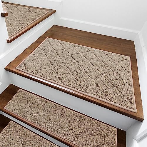 COSY HOMEER Edging Stair Treads Non-Slip Corner Indoor Stair Runners for Wooden Steps,Landing Slip Resistant Stair Rugs for Kids and Dogs, 100% Polyester TPE Backing,Beige,20"X32"
