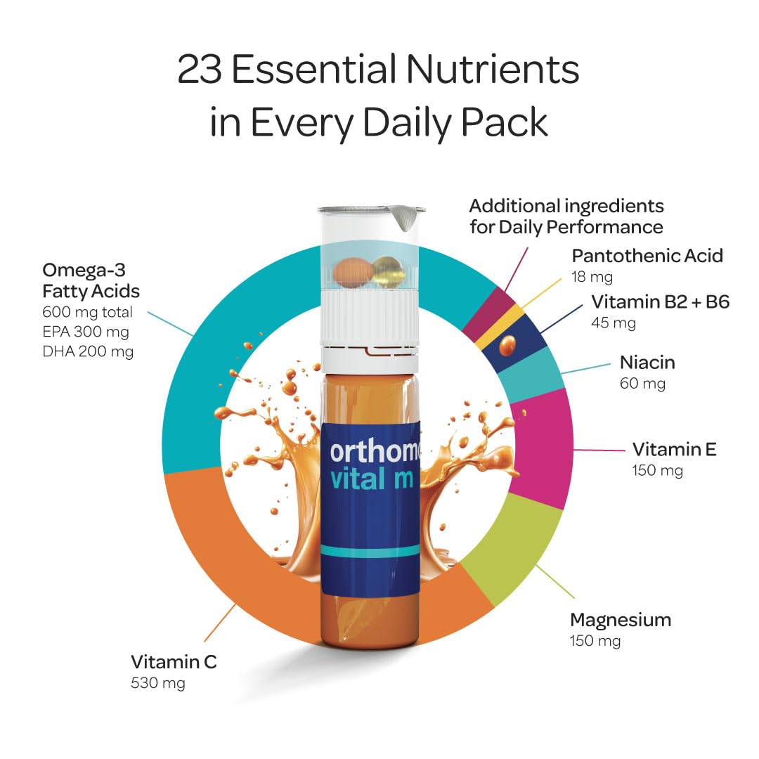 Orthomol Vital M Vial – 30-Day Men's Vitamin Supplement with A, B, C, D, E, K, Iodine & Omega-3 – Supports Male Energy & Vitality
