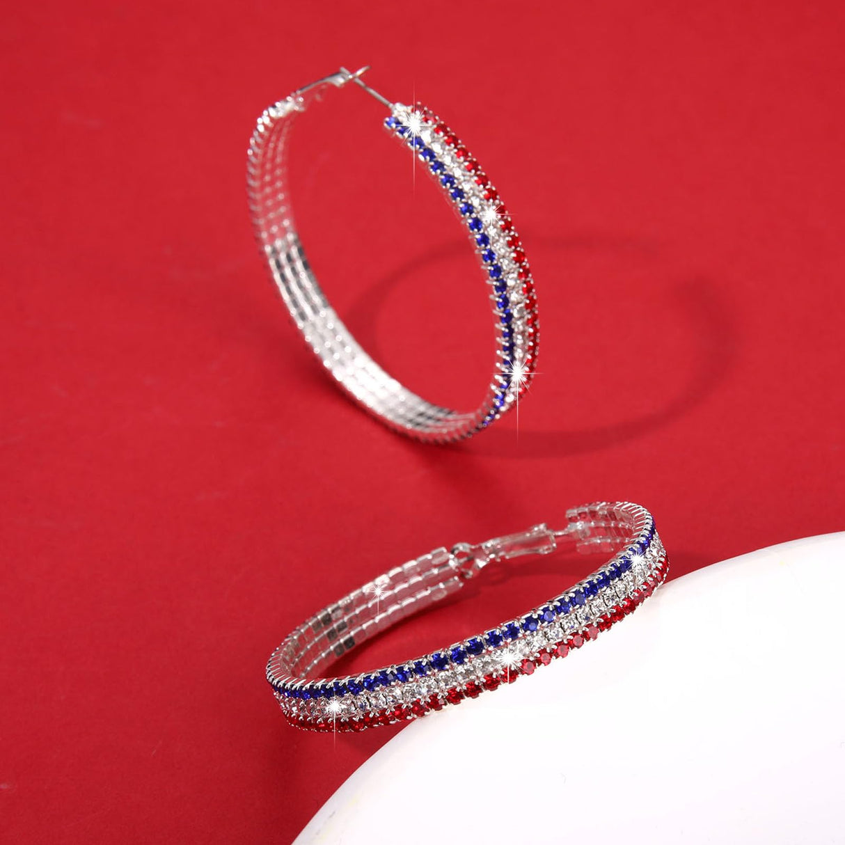 4th of July Earrings Sparkle Rhinestone Hoop Earrings Patriotic Red White and Blue Earrings Glitter Crystal Stainless Steel Hoop Earring for Women American Flag Jewelry