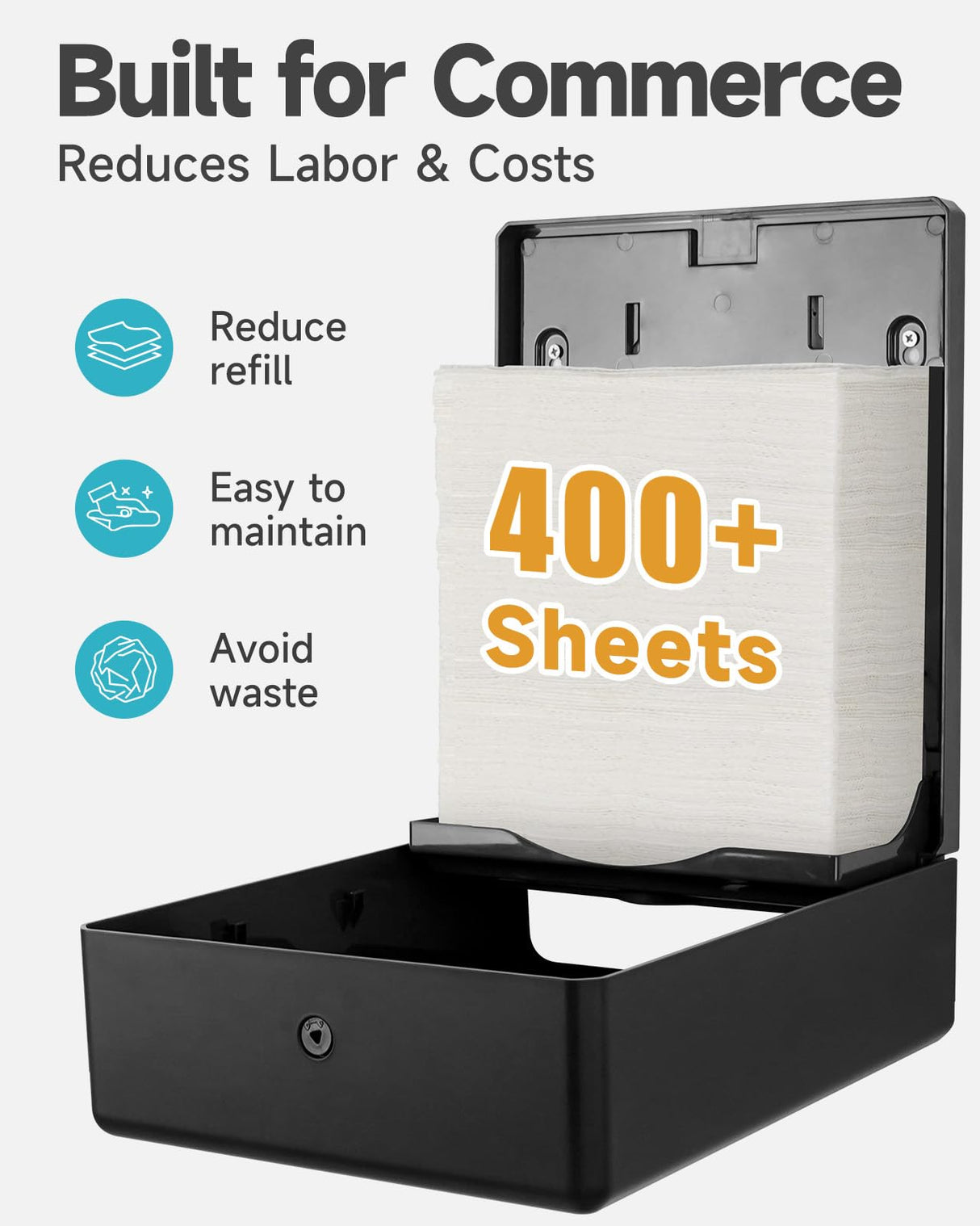 AIKE 400 Sheets Wall Mount Paper Towel Dispenser,Fit Multifold Paper,Large Capacity with Lock for Commercial, Black(Folded Size 10" x 3.5" Or Smaller)