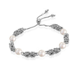 LeCalla 925 Sterling Silver Byzantine Bracelet Jewelry Italian Rhodium Plated Simulated Pearl Beaded Sliding Bolo Bracelet for Women