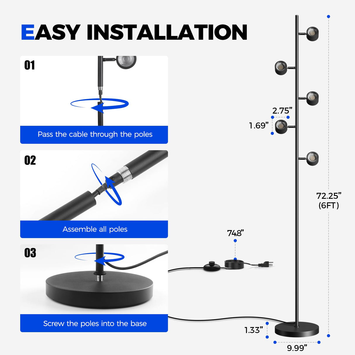 Barrina T1X5 Floor Grow Lights for Indoor Plants, 50W, 5000K, Full Spectrum, Adjustable 5 Heads, High PPFD, 6FT with Foot Switch, Vertical Plant Lights for Growing, Standing Grow Lights for Tall Plant