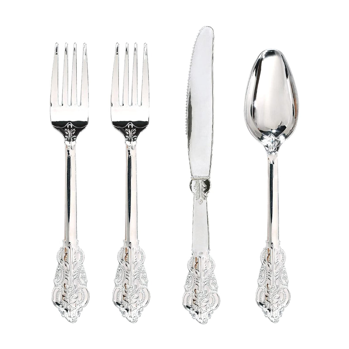 WDF 200 Pieces Silver Plastic Silverware Disposable - 50Guests Silverware Plastic Cutlery - Disposable Utensils Includes 100 Forks, 50 Spoons, 50 Knives Perfect for Christmas Wedding or Party