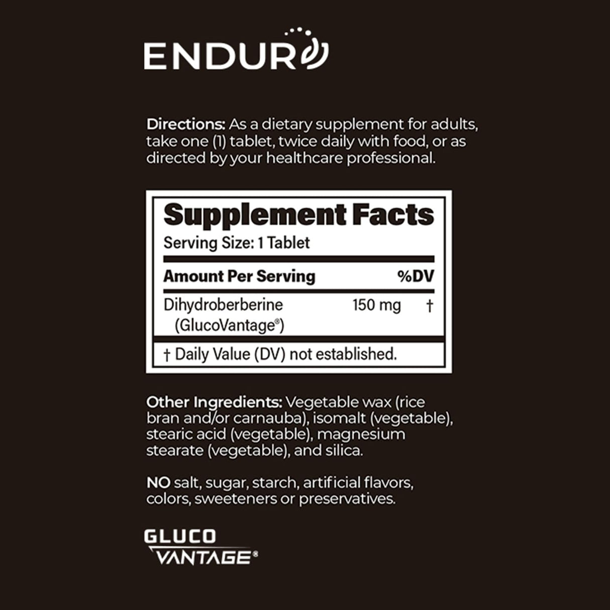 Endur Dihydroberberine SR, Supports Blood Sugar Health & Metabolism, Great for Weight Management Support, Gluten Free, 150mg (60 Tablets)