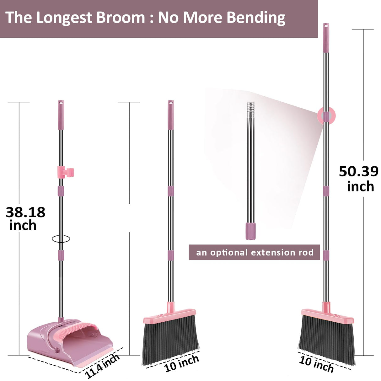 kelamayi Broom and Dustpan Set for Home, Office, Indoor&Outdoor Sweeping, Stand Up Broom and Dustpan (Pink)
