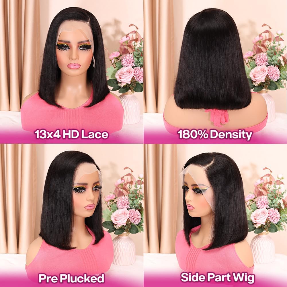 HUIWANYAN Lace Front Wigs Human Hair 13x4 HD Lace Front Wig Glueless Wigs Human Hair Pre Plucked Short Straight Bob Lace Front Wigs Human Hair For Black Women Nature Hairline 180% Density 12 Inch