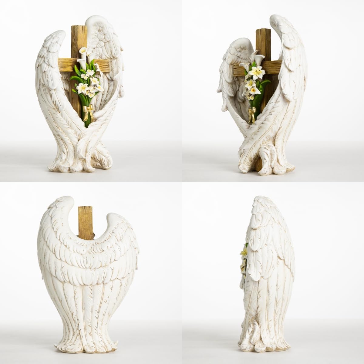 ShineOnAngel 12" Angel Wings Embracing Cross and Calla Lily Garden Statue Memorial Statue