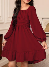 blibean Girls Long Sleeve Tie Back Dress Teen Fall Boho Wedding Guest Dresses Tween Holiday Formal Outfit Big Kids Cute Dance Christmas Clothes Size 12-13 Years Old Red