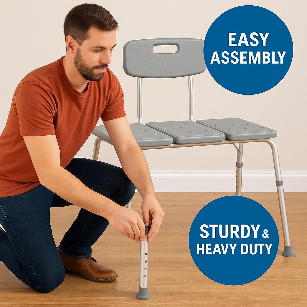 Dr. Dunley Transfer Bench for Bathtub FSA/HSA Eligible– Heavy Duty Shower Bench with Backrest, 400 lbs Weight Capacity, Height Adjustable Legs, Suction Feet, Bath Seat for Seniors, Elderly & Disabled