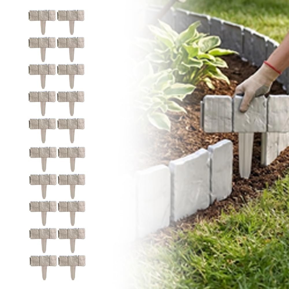 Decorative Imitation Stone Garden Fence: Plastic Edging Border Faux Stone Landscape Edging with Interlocking Spikes - Flexible Plastic Lawn Edging for Flower Beds, Yard, Pathway (20, Grey)