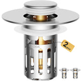 5-in-1 Bathroom Sink Stopper, 2 Pc Pop-Up Drain Stopper with Removable Hair Catcher, Anti-Clog Strainer, Odor Blocking & One-Way Flow Design, All Metal Brass Core & Stainless Steel, Fit 1.1"–2.36"