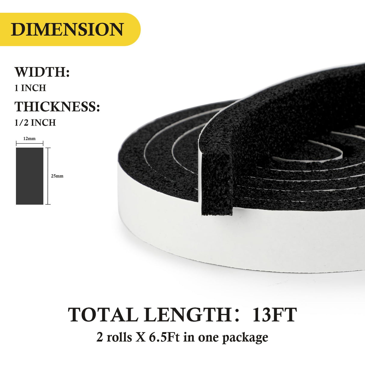 fowong Weather Stripping 1" W X 1/2" T, Open Cell Adhesive Foam Tape Maximum Compression Shock Buffer Air Conditioning Rubber Foam Strip, 2 Rolls X 6.5 Ft