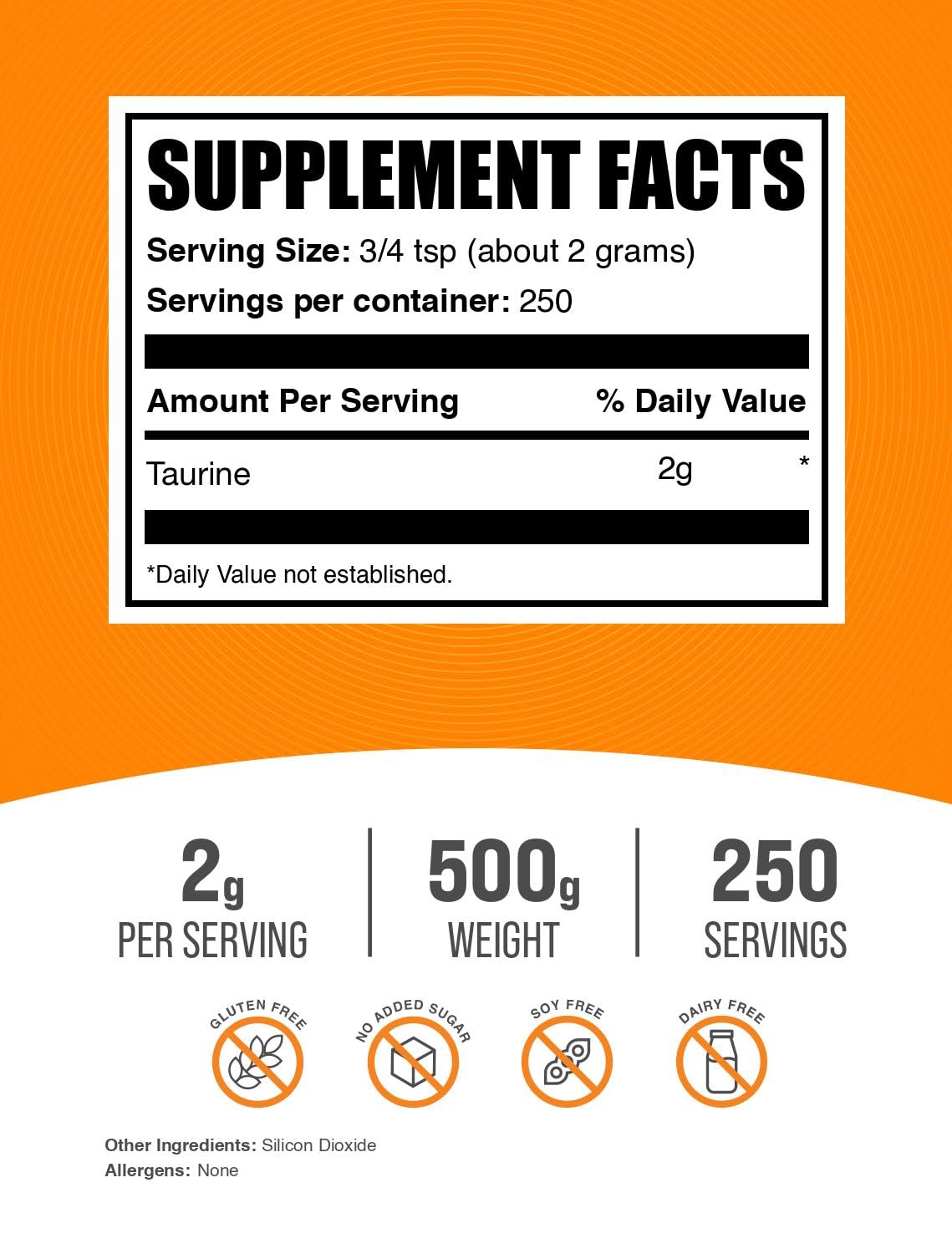 BulkSupplements.com Taurine Powder - Taurine Supplement, Amino Acid Supplement for Energy - Unflavored & Gluten Free, 2g per Serving, 500g (1.1 lbs) (Pack of 1)