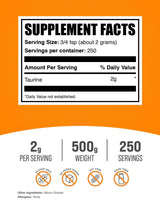 BulkSupplements.com Taurine Powder - Taurine Supplement, Amino Acid Supplement for Energy - Unflavored & Gluten Free, 2g per Serving, 500g (1.1 lbs) (Pack of 1)