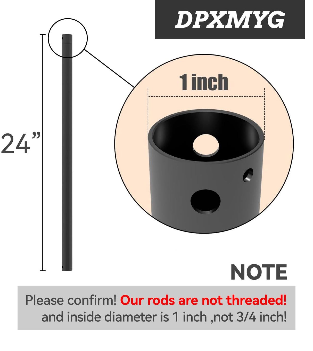 DPXMYG 24 inch Ceiling Fan Downrod, 2 FT Black Downrod for Ceiling Fan, 1 inch Outside Diameter, Boom Suitable for a Wide Range of Fans (Black, Not Threaded)
