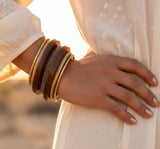 Touchstone wooden women bamboo wood jewelry african bangle bracelets gold bangles brown boho accessories chunky vacation brass statement natural rustic Indian bollywood handcrafted. Set of 7