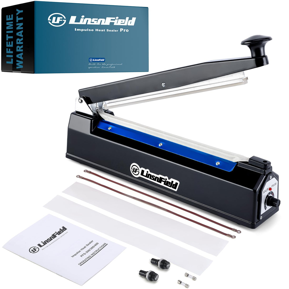 LinsnField Sealer Pro, Patented 16inch Impulse Heat Bag Sealer, 5mm Sealing Width Poly Bag Seal Machine, 2 Replacement Kits 1 Extra Fuse Included, Black
