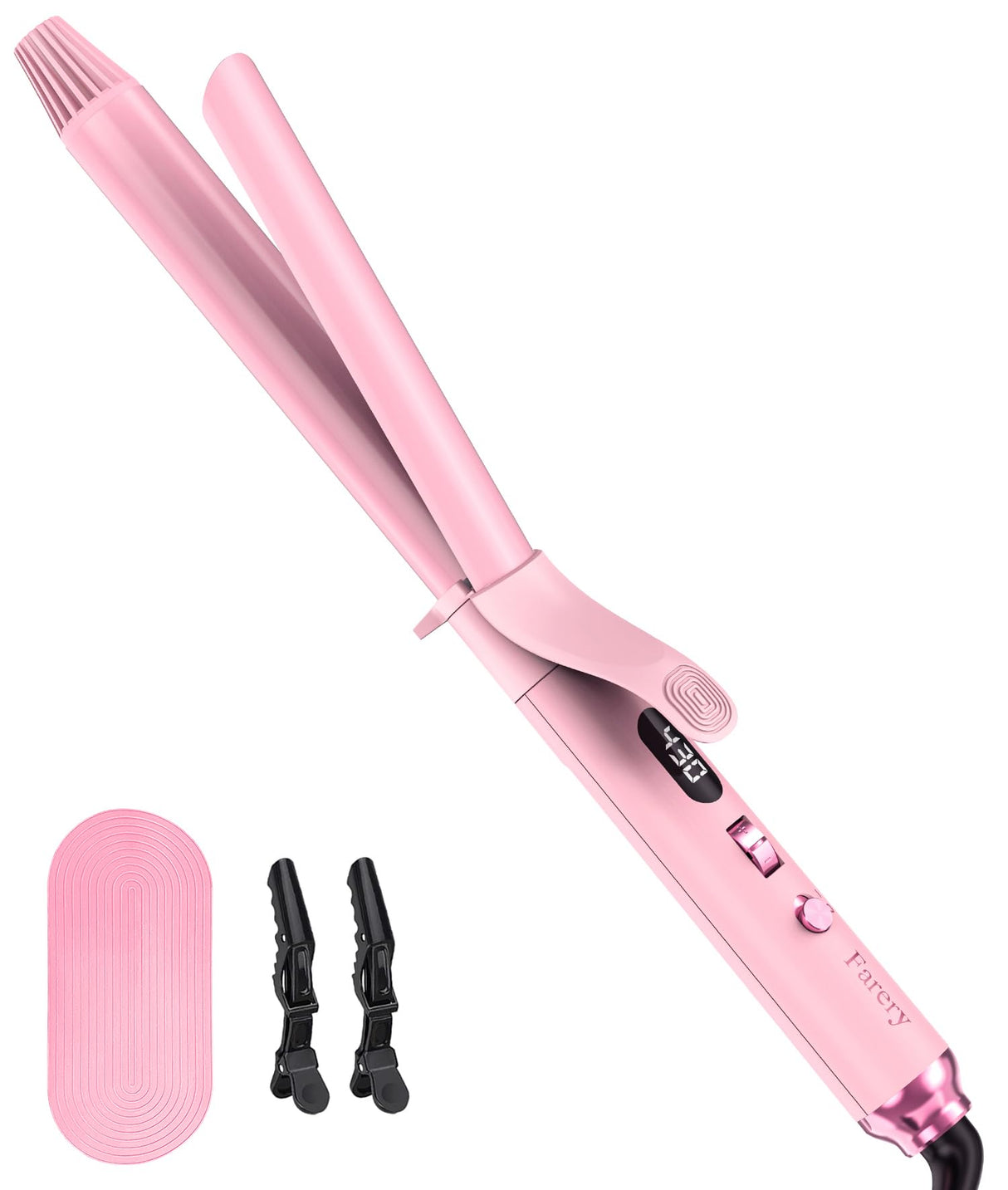 FARERY Long Barrel Curling Iron 1 Inch, Extra Long Curling Iron for Thin Hair, Infused Argan Oil & Keratin, 11 Adjustable Temp, Include Clips & Silicone Pad, Pink