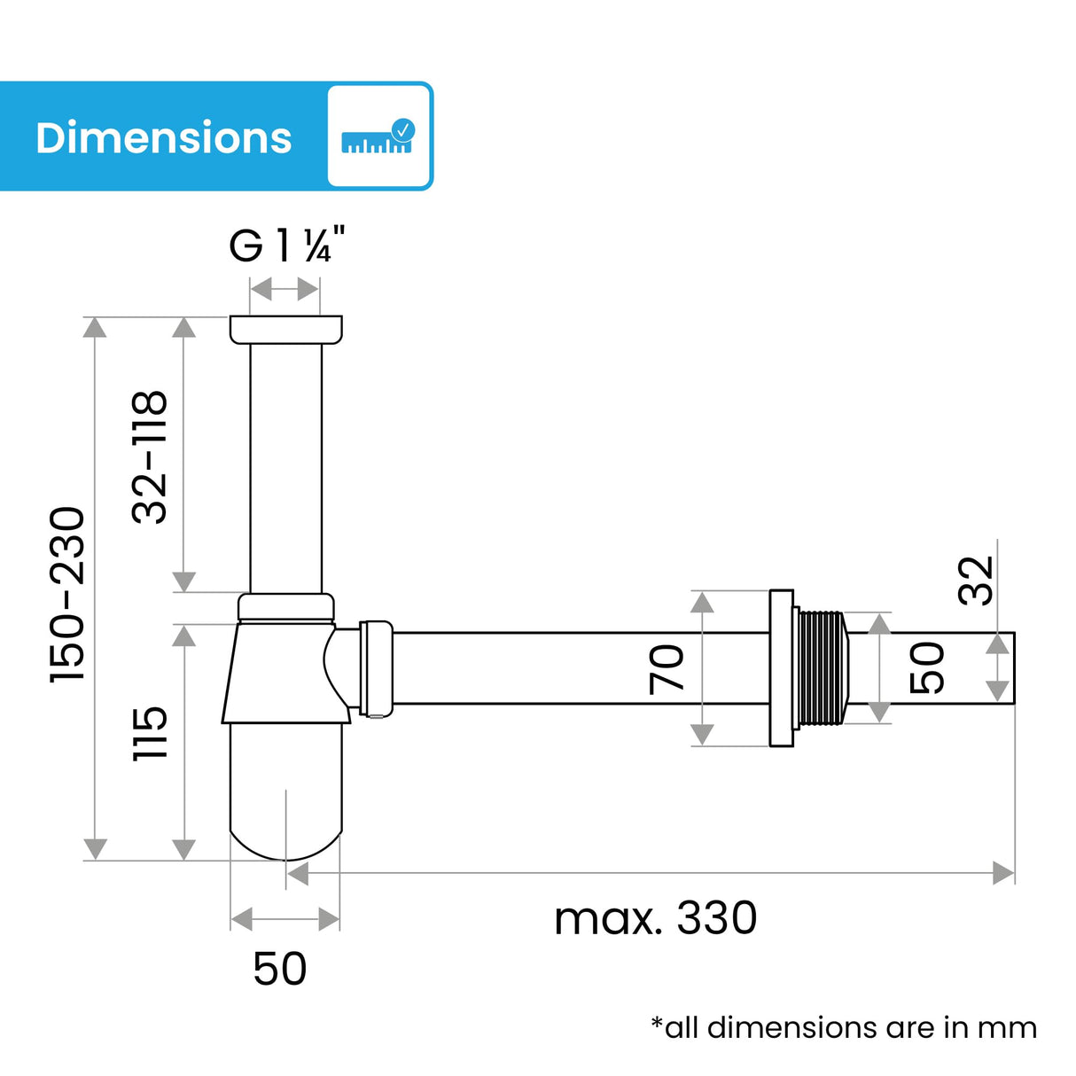 Bächlein Cup Siphon Universal for Washbasin & Washstand, Odour Trap with Cleaning Opening + Installation Instructions - Drain Fitting Precisely - Design Siphon Drain Fitting Bottle Siphon