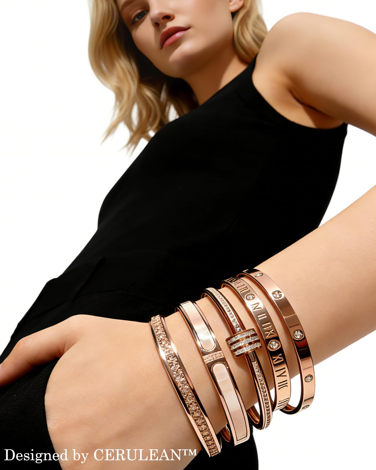 CERULEAN 5-Piece Elegant Stainless Steel Bracelet Set, Fashionable Classic Design, Stainless Steel 5 Piece Bracelet Set, Non Tarnish Bangle, Elegant Bracelets Sets for Everyday and Formal Wear (Gold)