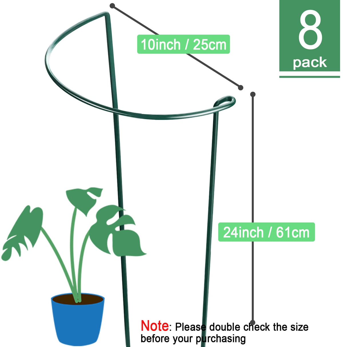 HiGift Peony Cages and Supports 24" H x 10" W, 8 Pack Tall Snake Plant Support Stake Half Round Metal Garden Stake for Indoor and Outdoor Plants, Flower Support Ring Border for Tomato,Hydrangea,Rose