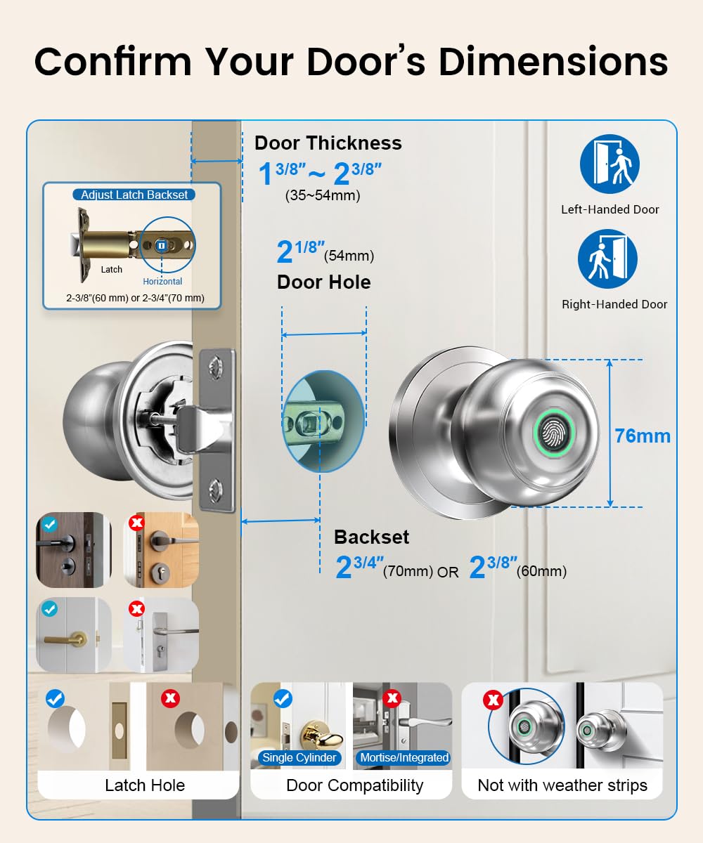 Fingerprint Door Lock, Smart Fingerprint Door Knob with Lock, Biometric Door knob with App Control & Key, Keyless Thumbprint Entry Door Locks for Bedrooms, Front Door, Home, Apartment-Bright Silver