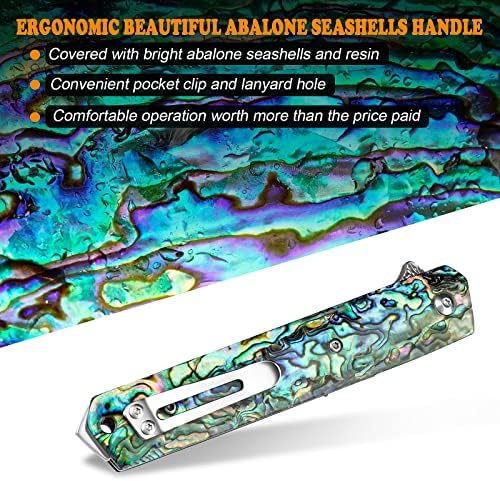 AUBEY Damascus Pocket Knife with Clip, Sharp Tanto Blade with VG10 Core Folding Knife with Abalone Shell Handle and Glass Breaker, EDC Camping Knife for Gift Survival Collection