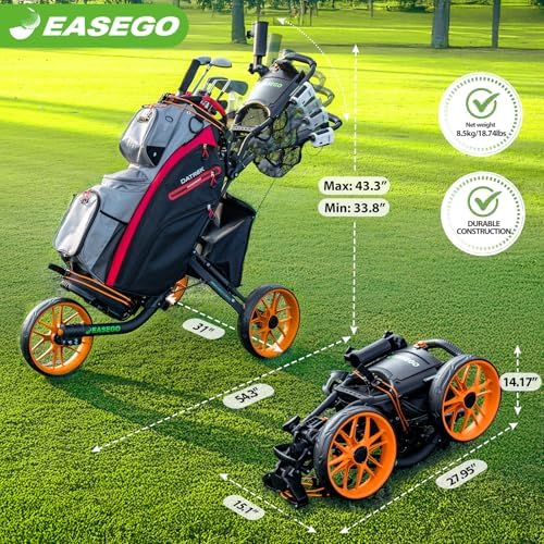Golf Push Cart 3 Wheel : Golf Bag Cart Foldable with Phone Holder/Cup/Umbrella Holder Compact Golf Pull Carts Quick Fold Golf Caddy Push Carts with Large Wheelbase for Different Terrain