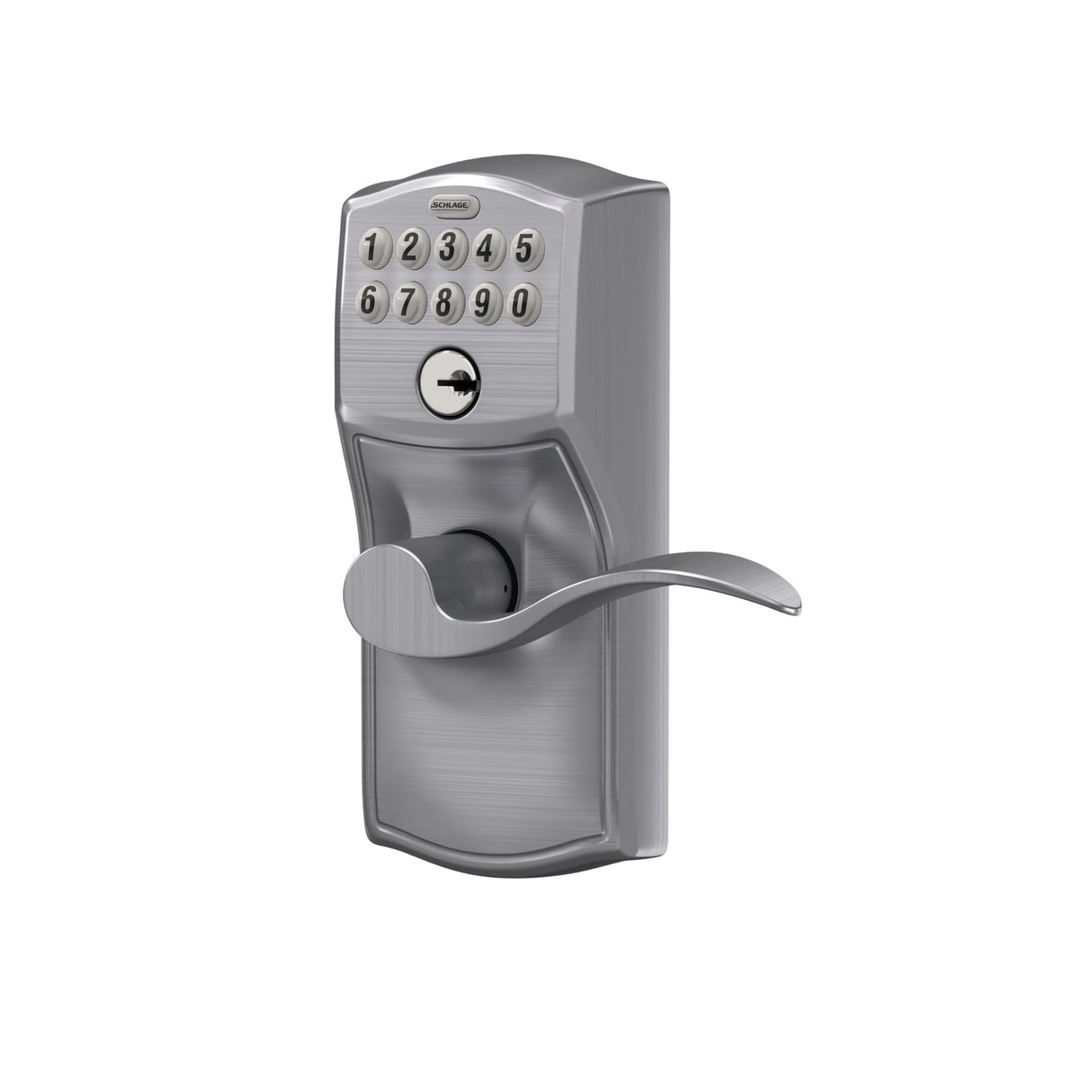Schlage Camelot Keypad Lock with Lever Handle, Electronic Keyless Door Entry, Flex Lock Auto‑Lock Option, Satin Chrome, FE595 CAM 626 ACC