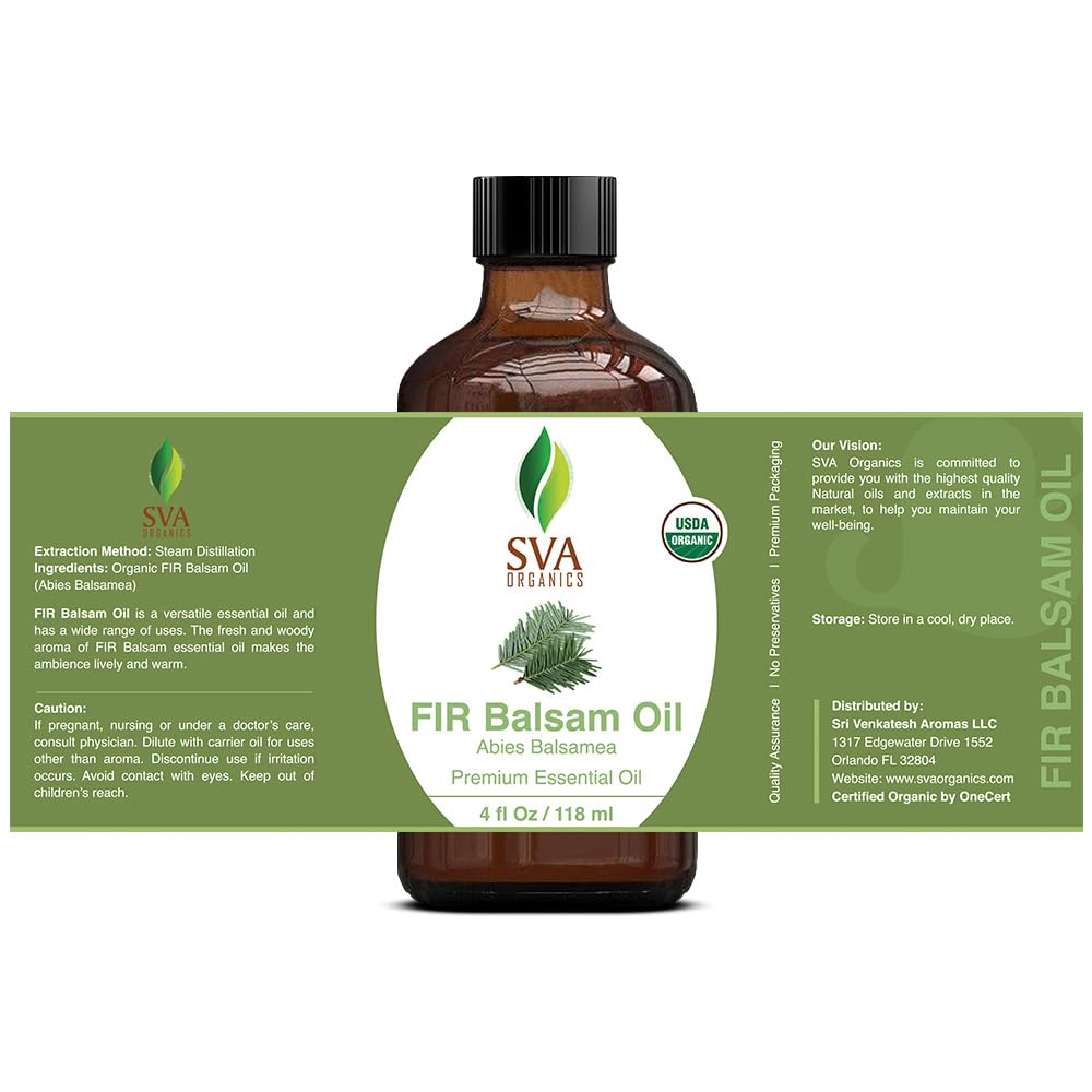 SVA Fir Balsam Essential Oil Organic – 4 Fl Oz – 100% Natural Organic Fir Oil - for Diffuser, Hair Care, Face, Skin Care, Aromatherapy, Scalp and Body Massage, Soap and Candle Making – with Dropper