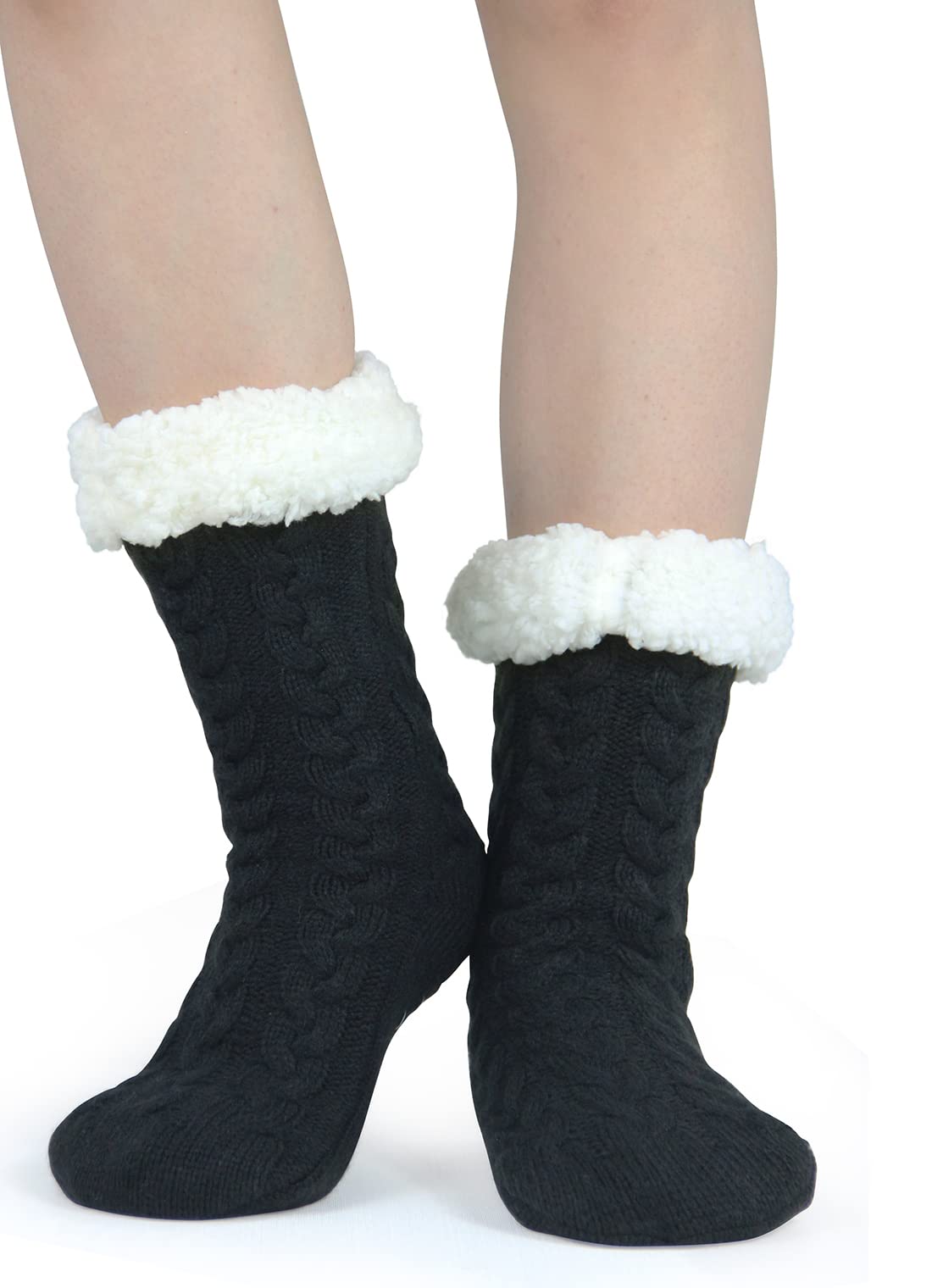 Sooneeya Winter Slipper Socks for Women Christmas Warm Cozy Soft Fuzzy Thick Socks Slipper Non Slip Non Skid with Grippers Black Grey -2 Pairs