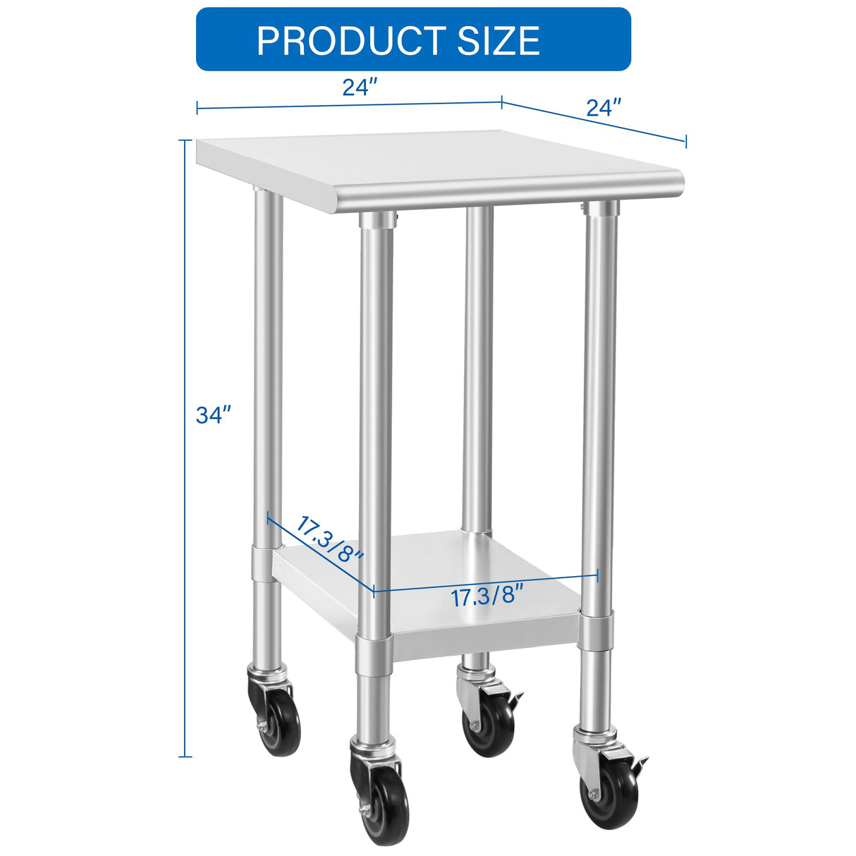 HARDURA Stainless Steel Commercial Table Prep & Work Table with Casters Heavy Duty Metal Table with Wheels NSF 430 24×24 Inches