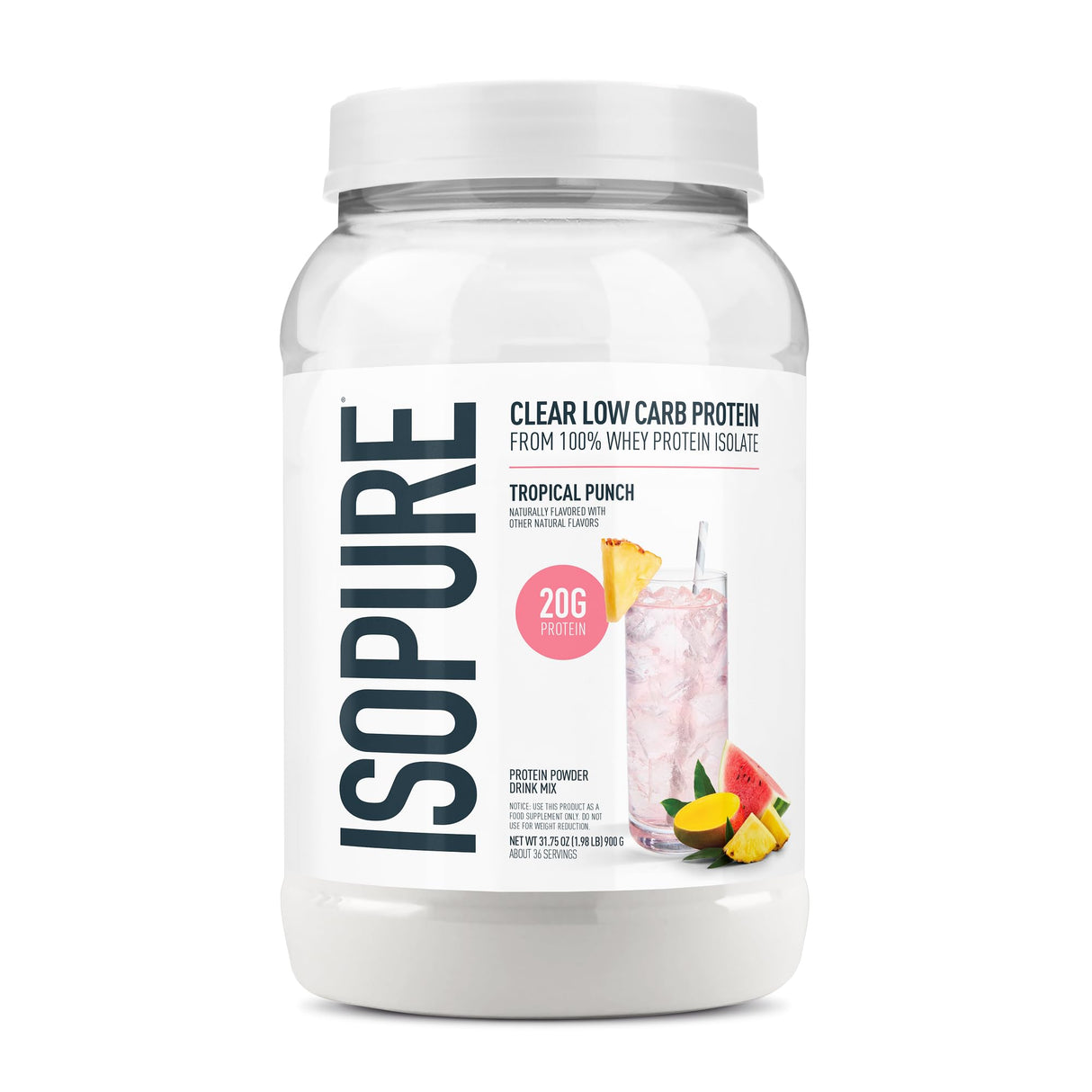 Isopure 100% Pure Whey Isolate Protein Powder Infusions, Lactose Free, Gluten Free, Naturally Flavored, Tropical Punch, 20g Protein Per Serving, 1.9 Lbs, 36 Servings