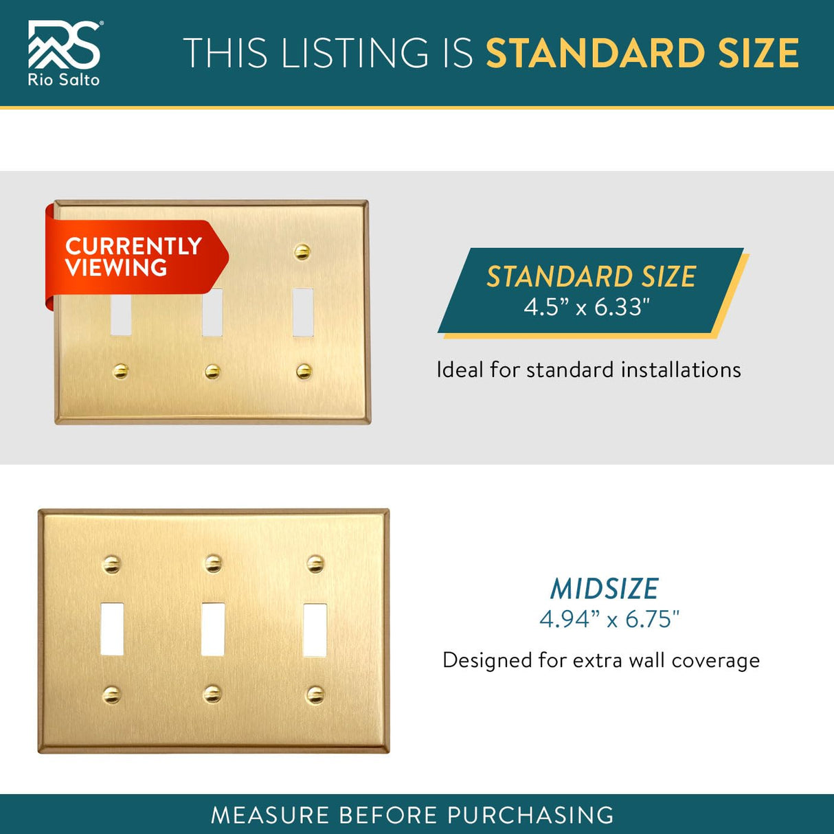 Rio Salto BRASS Toggle Light Switch Cover Plate Triple Toggle Flip Switch Outlet Covers 3 Gang Brushed Brass Gold Metal Wall Plate Flip Swtich — Signature Collection, Standard Size 4.50" X 6.33"