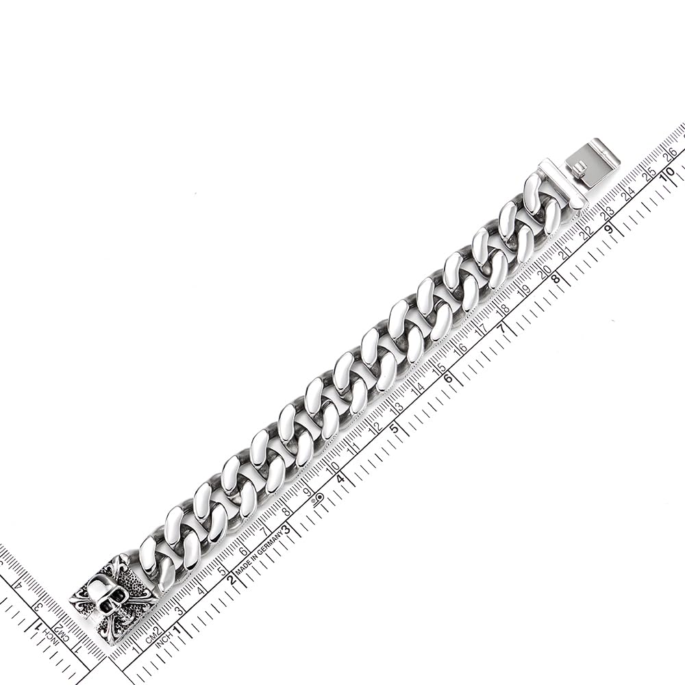 COOLSTEELANDBEYOND Men's Stainless Steel Cuban Link Curb Chain Bracelet With Skull Box Clasp, Heavy and Sturdy Biker Gothic Punk Jewelry Gift
