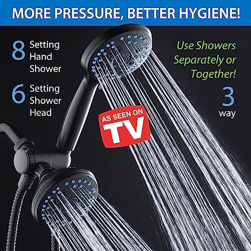 Hotel Spa AquaCare As-Seen-On-TV High Pressure 48-setting Rain & Handheld 3-way Shower Head Combo - Anti-clog Nozzles/Tub, Tile & Pet Power Wash/Extra Long 6 ft. Hose/Matte Black Finish