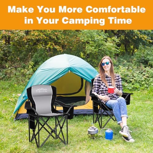 2PCS Folding Camping Chair Portable Outdoor Heavy Duty Padded Chairs Lawn Chair with Cup Holder, Storage Pocket and Cooler Bag, Supports 450LBS Black