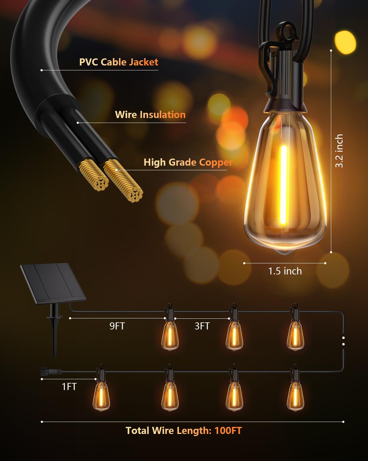 Brightown 100FT Solar String Lights Outdoor Waterproof with Remote, 31+2 LED Shatterproof Bulbs, Dimmable & Timable, 3 Light Modes - Commercial Grade Patio Lights for Garden Backyard Party Decor