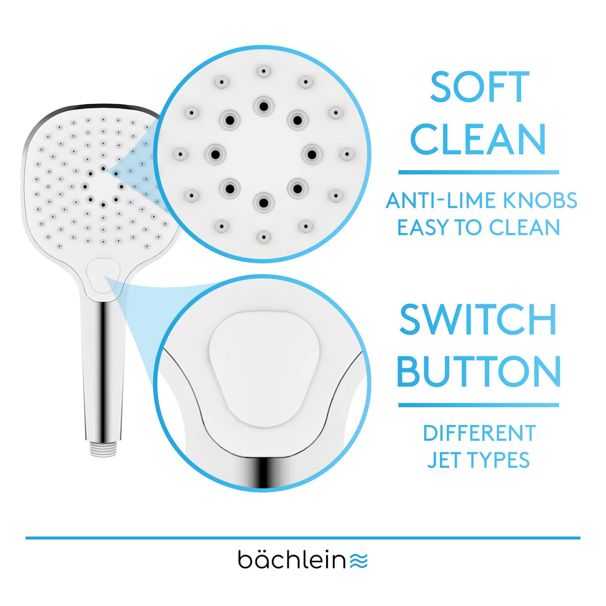 Bächlein Universal Shower Head - Shower Head with 3 Spray Types, Easy to Change with Practical Push Button - Square Shower Head Chrome - Hand Shower with Standard G 1/2" Connection Dimension