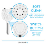 Bächlein Universal Shower Head - Shower Head with 3 Spray Types, Easy to Change with Practical Push Button - Square Shower Head Chrome - Hand Shower with Standard G 1/2" Connection Dimension