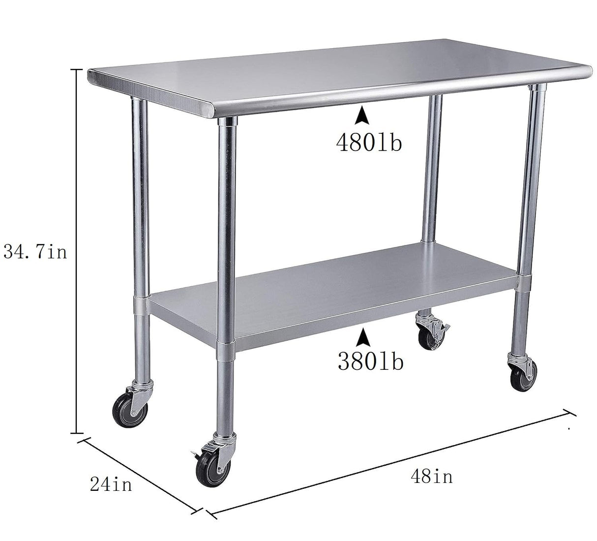ROCKPOINT Stainless Steel Table for Prep & Work with Caster Wheels 24x48 Inches, NSF Metal Commercial Kitchen Heavy Duty Table with Adjustable Under Shelf and Table Foot for Restaurant, Home and Hotel