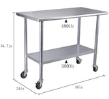ROCKPOINT Stainless Steel Table for Prep & Work with Caster Wheels 24x48 Inches, NSF Metal Commercial Kitchen Heavy Duty Table with Adjustable Under Shelf and Table Foot for Restaurant, Home and Hotel