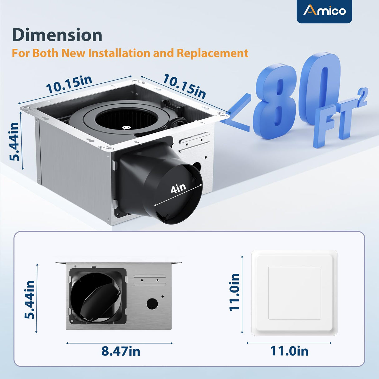 Amico Bathroom Exhaust Fan with Light, 80 CFM, 0.9 Sones, 5CCT, Easy Retrofit without Attic Access, Adjustable Bathroom Fan with light, Quiet Operation, ETL & FCC Certified